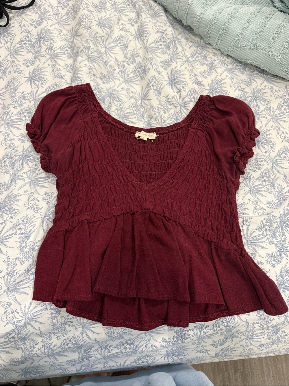 Pacsun La Hearts Burgundy Smocked Peplum Short Sleeve Top
